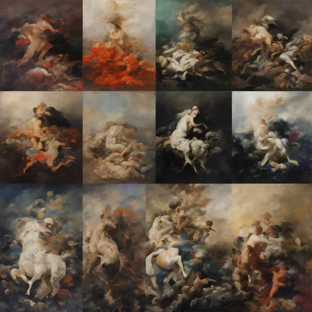 Σύνθετο έργο τέχνης με θέμα ιερότητα και παράδοσηστην τέχνη και τελετουργία, με δυναμικές σκηνές και χρωματιστές αποχρώσεις.