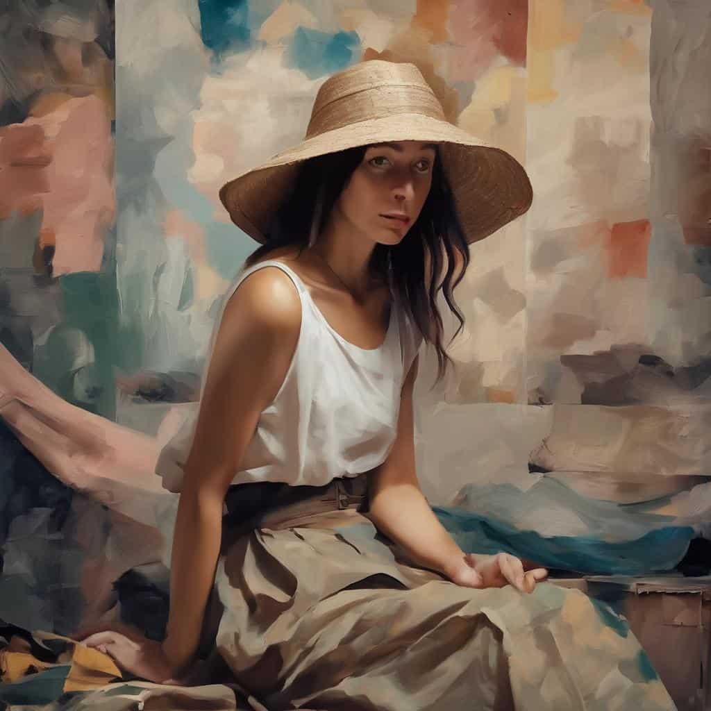 Φωτογραφία γυναικάς με καπέλο ψαθί σε ζωγραφικό έργο, αναδεικνύοντας την τέχνη και την παράδοση.